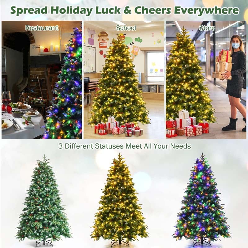 5/6/7/9FT Snowy Leaves Pre-Lit Hinged Artificial Christmas Tree with 11 Flash Modes & Multi-Color Lights