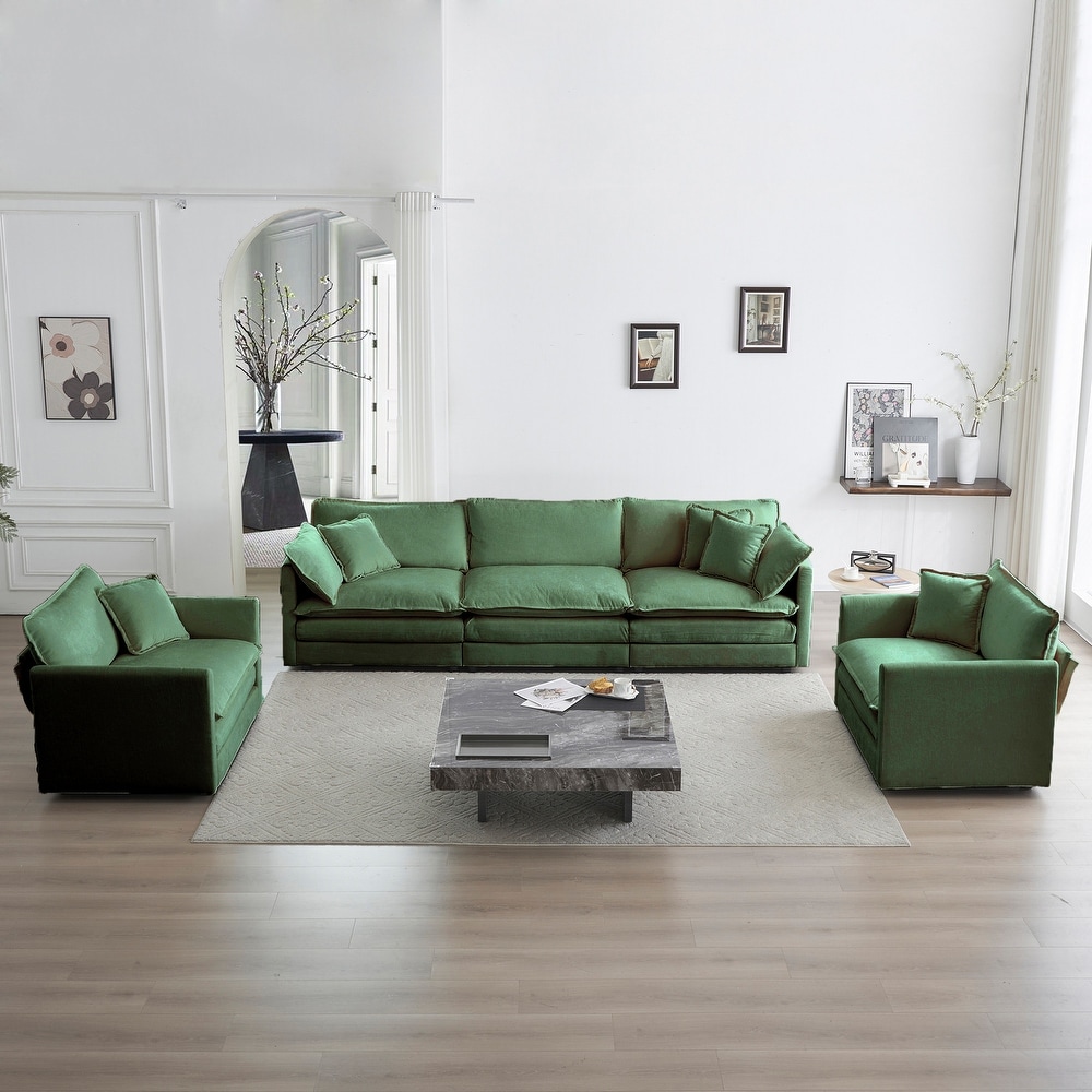 Accent Chairs Breathable Chenille Upholstered Sofa Set w/Pillow  Green   3seat + 1seat + 1seat