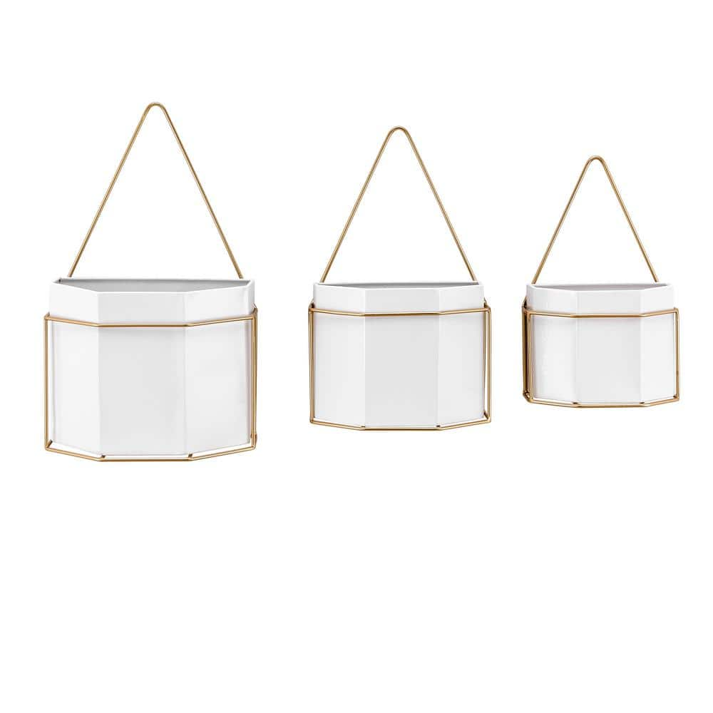 DANYA B Geometric White and Gold Metal Wall Mounted Planters (Set of 3) FHB1469