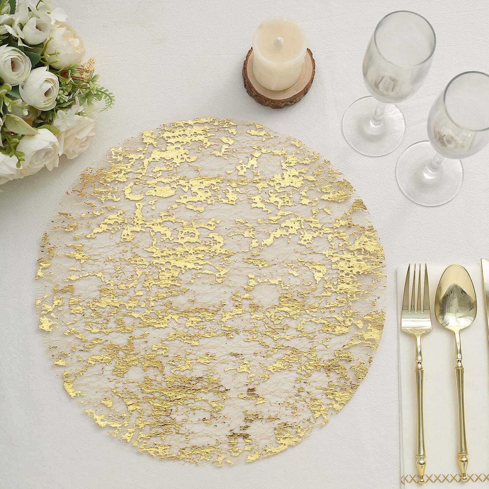 10 Pack Metallic Gold Foil Mesh Table Placemats, Disposable Round Shiny Dining Mats 13