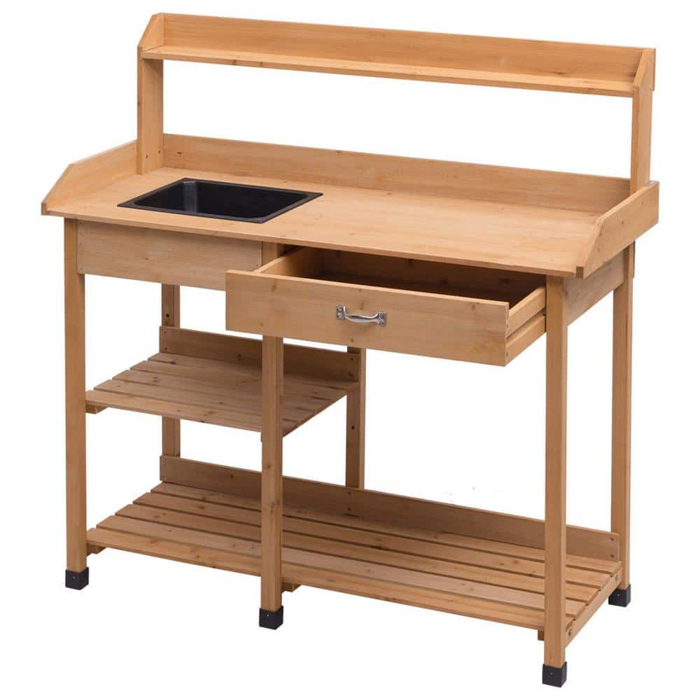 WELLFOR Outdoor Wooden Plant Stand Work Station with Drawer and Sink GT-HPY-3203