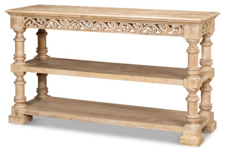 Fowler Carved Console With Shelf Solid Wood   Traditional   Console Tables   by Sideboards and Things  Houzz