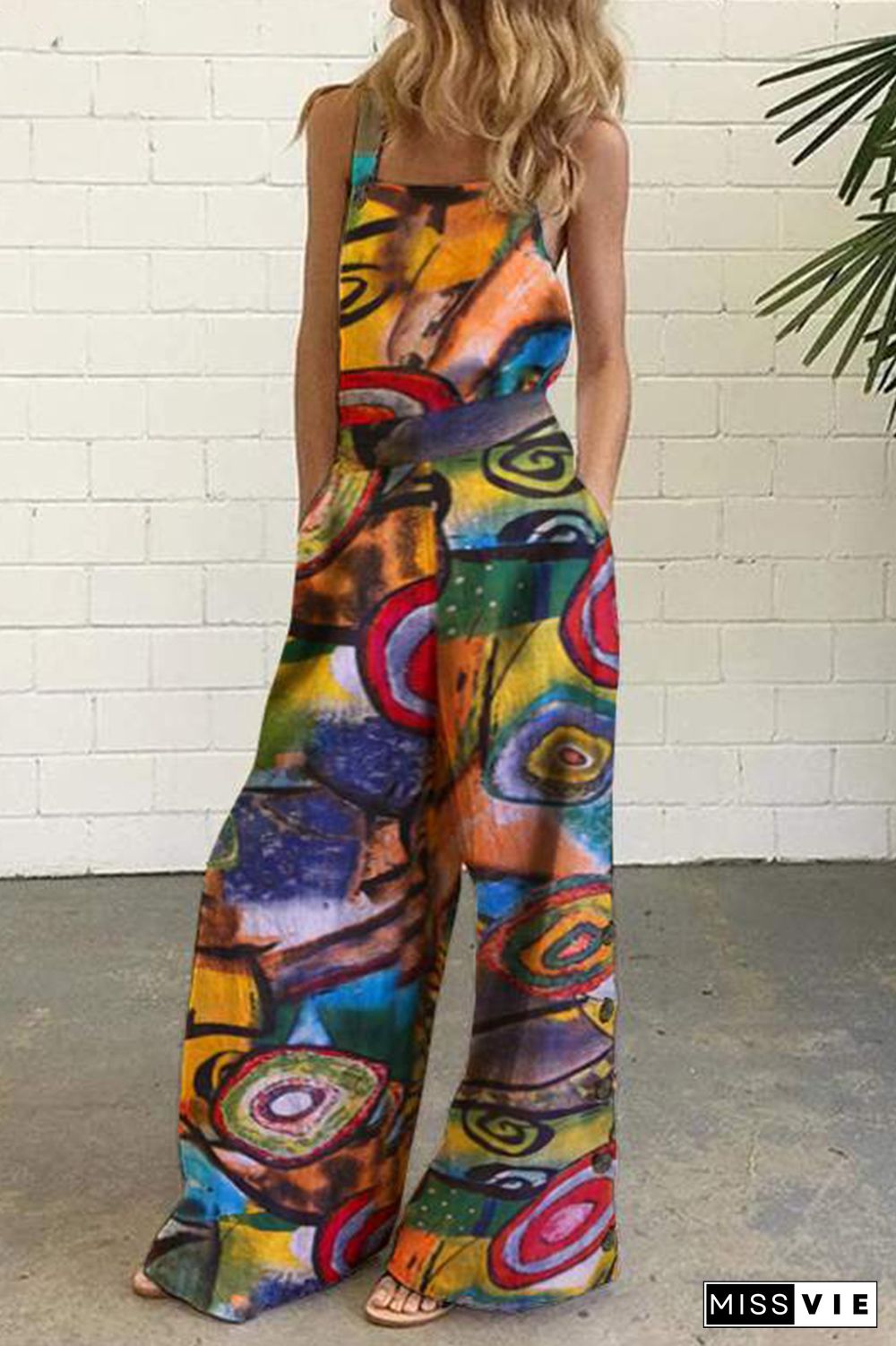 Street Graffiti Buttons Square Collar Straight Jumpsuits