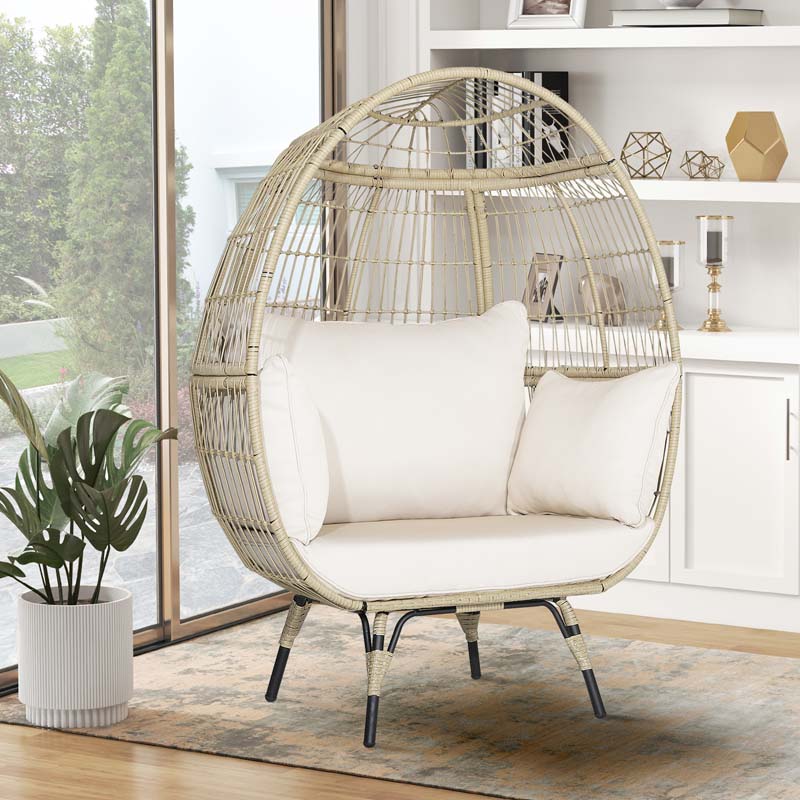 Oversized Wicker Egg Chair with 4 Cushions, Steel Frame Basket Chair Indoor Outdoor Patio Lounge Chair