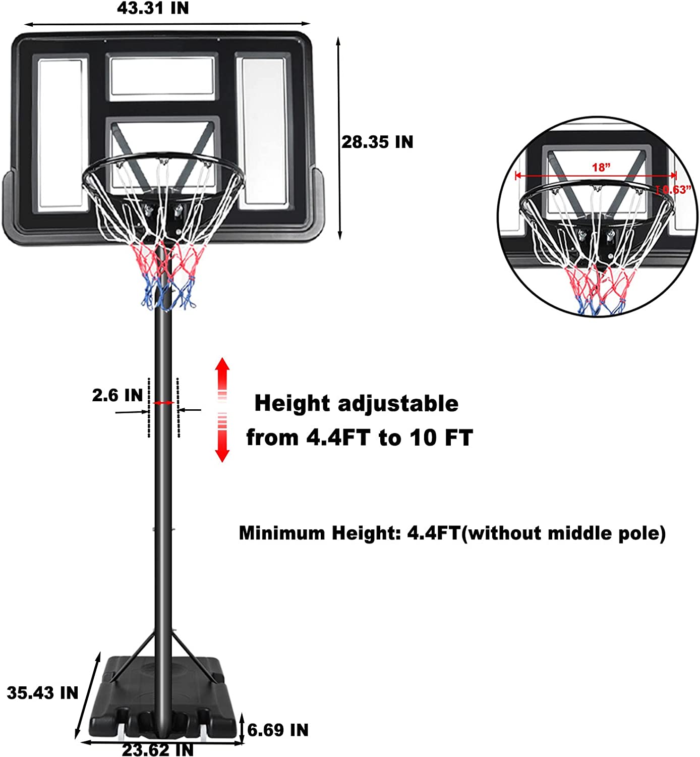 Dripex Portable Basketball Hoop and Goal Adjustable Height 4.4 -10FT， 43” Basketball Backboard Stand with Wheels and Fillable Base Professional Court System for Adults Teenagers Indoor/ Outdoor， Black