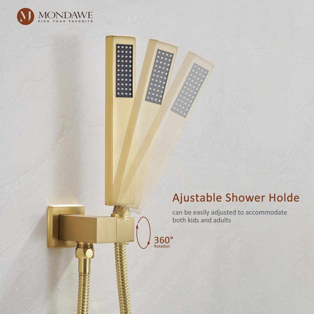 Mondawe 2-Spray Patterns 12 in. Wall Mount Rainfall Dual Shower Heads with Thermostatic Bathroom Showers in Gold WF6647-12BG