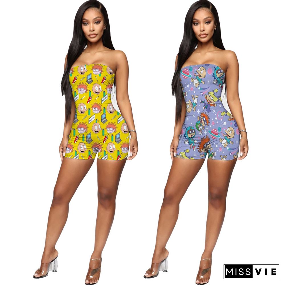 Fashion Cartoon Printed Wrapped Chest Rompers