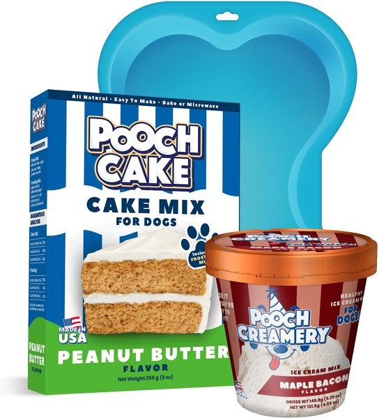 Pooch Cake Basic Starter Plus Peanut Butter Cake Mix with Cake Mold Kit and Pooch Creamery Maple Bacon Ice Cream， 9-oz box and 5.25-oz carton