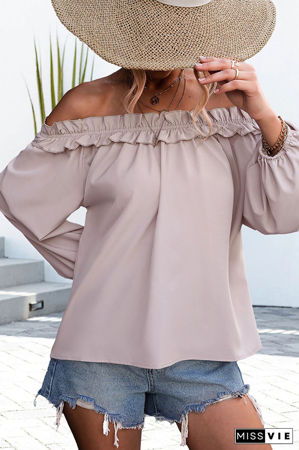 Off Shoulder Lantern Sleeves Plain Blouse