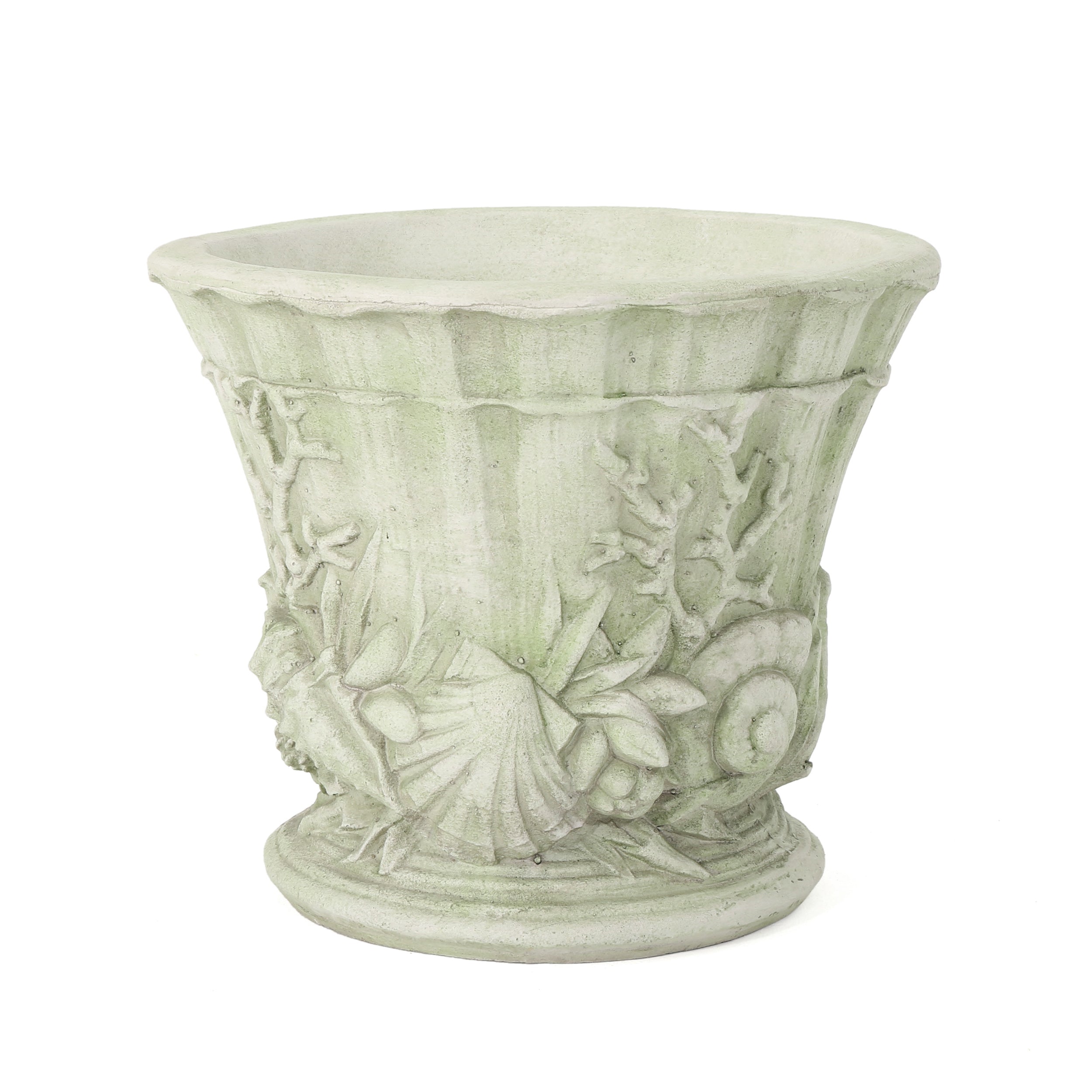 Guava Outdoor Cast Stone Garden Urn Planter, Green Moss with White