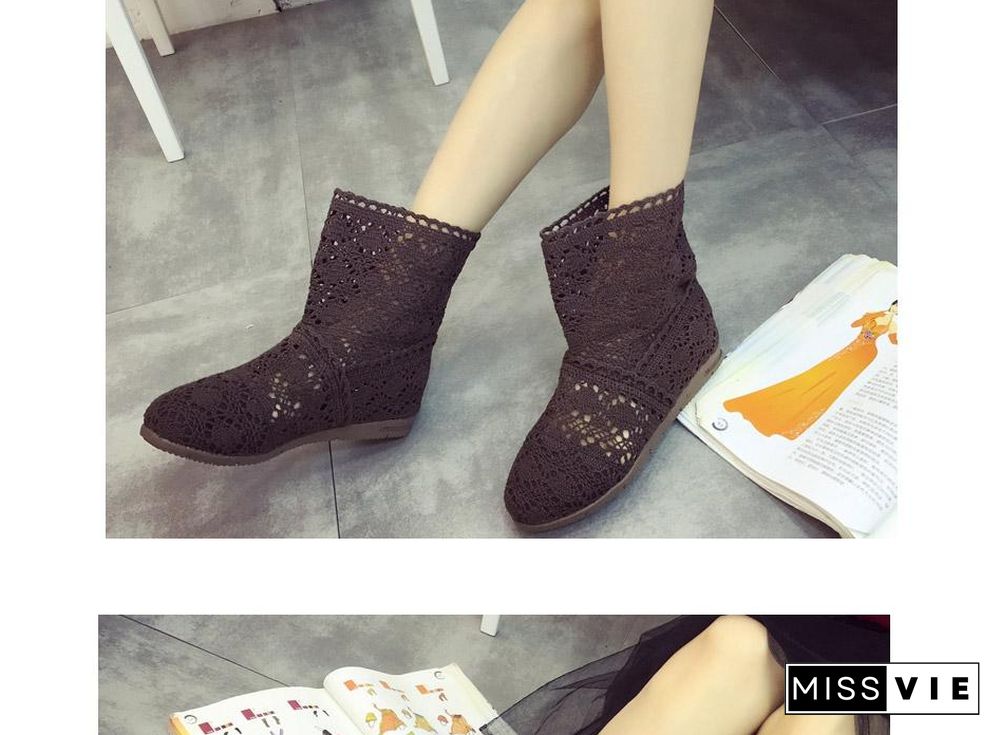 Women Cut-Outs Fashion Shoes Knitted short lace Boot ankle botas Boots