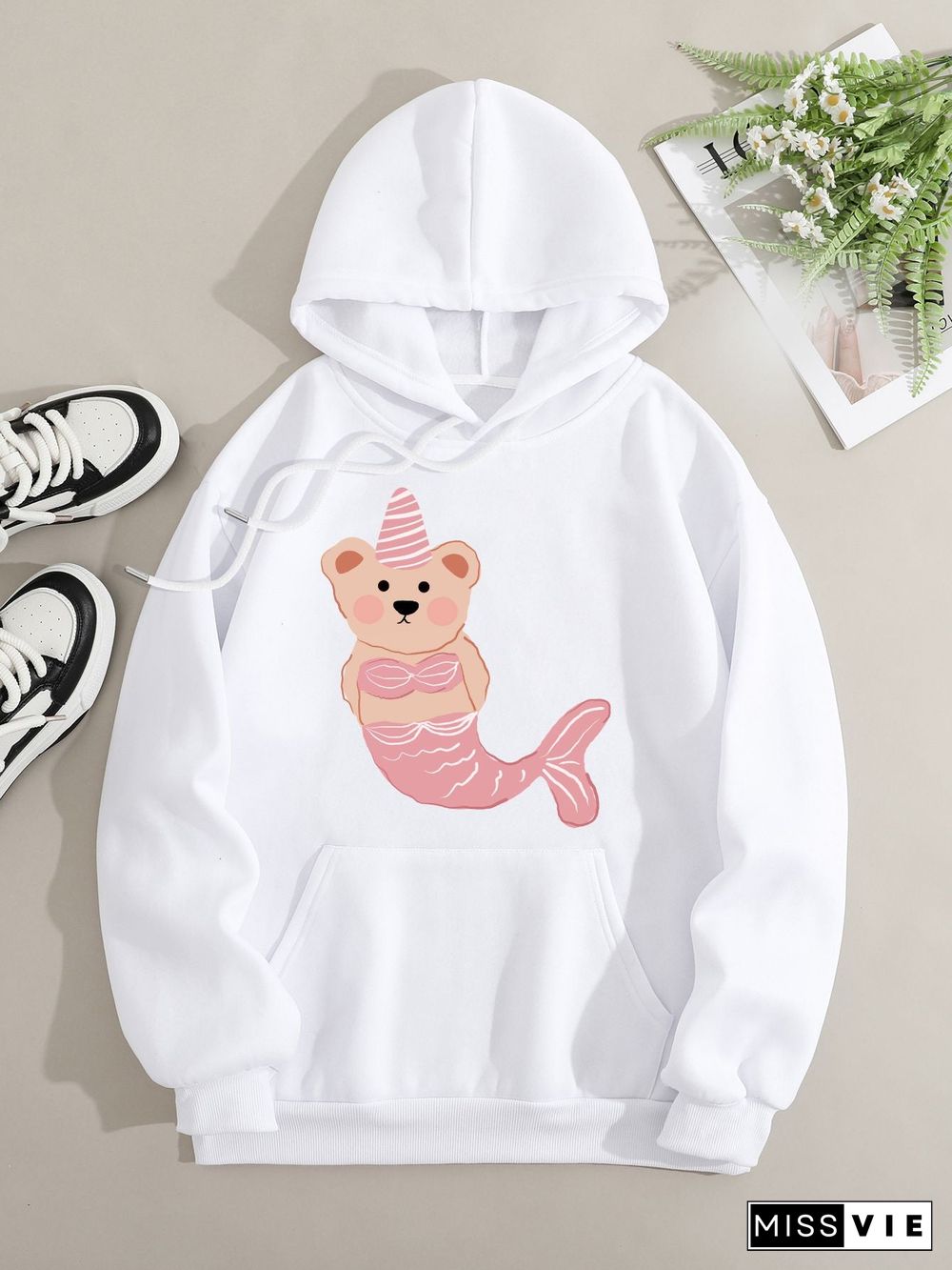 Printed on front Kangaroo Pocket Hoodie Long Sleeve for Women Pattern Mermaid Bear