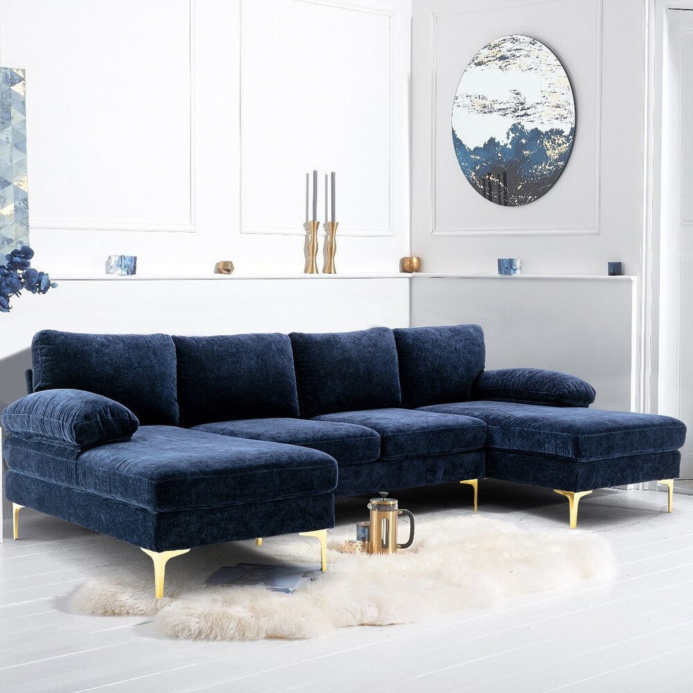 Polyester Upholstered U shaped Stationary Sectional Sofa With Wood Legs