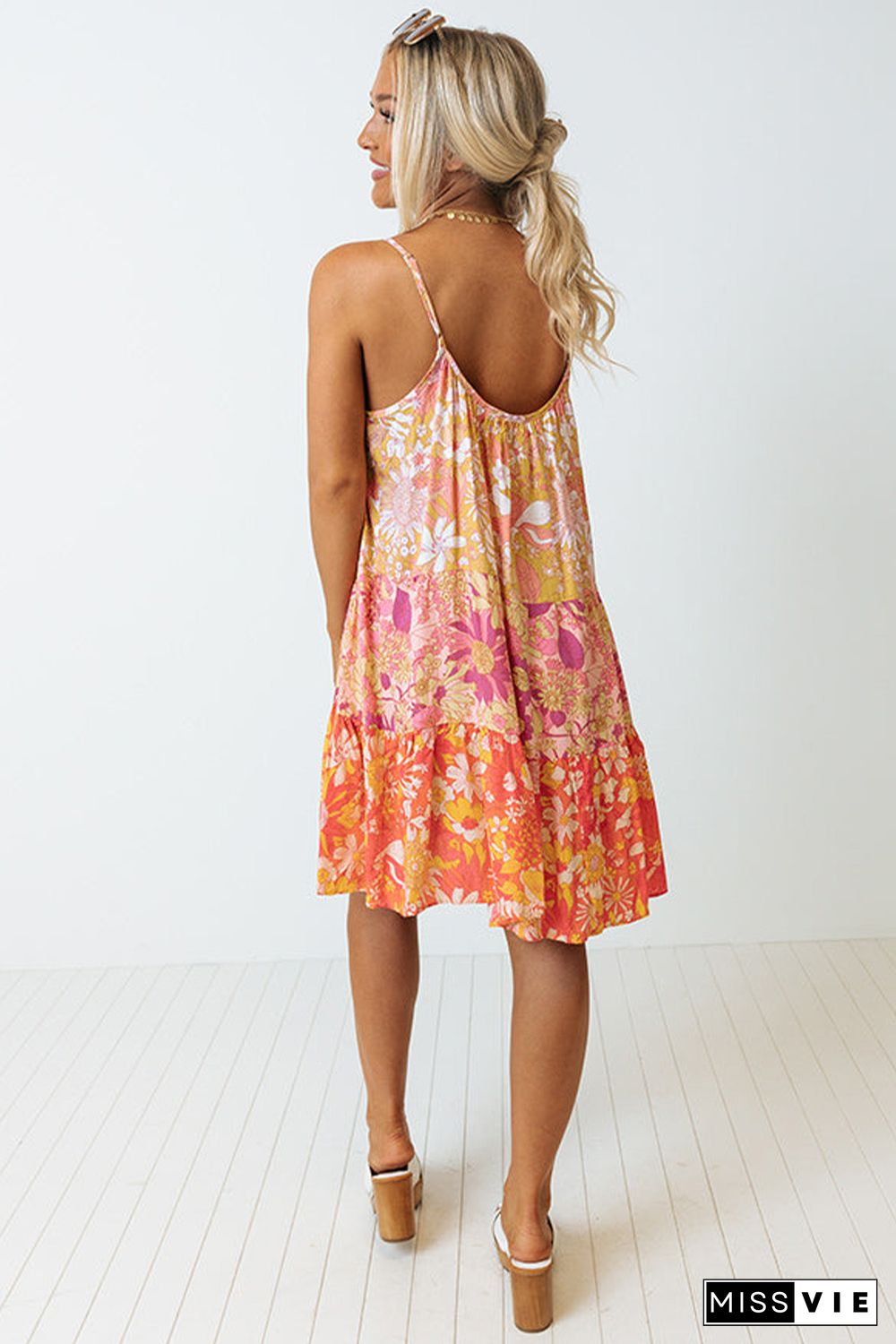 Orange Floral Print Tiered Spaghetti Straps Shift Dress