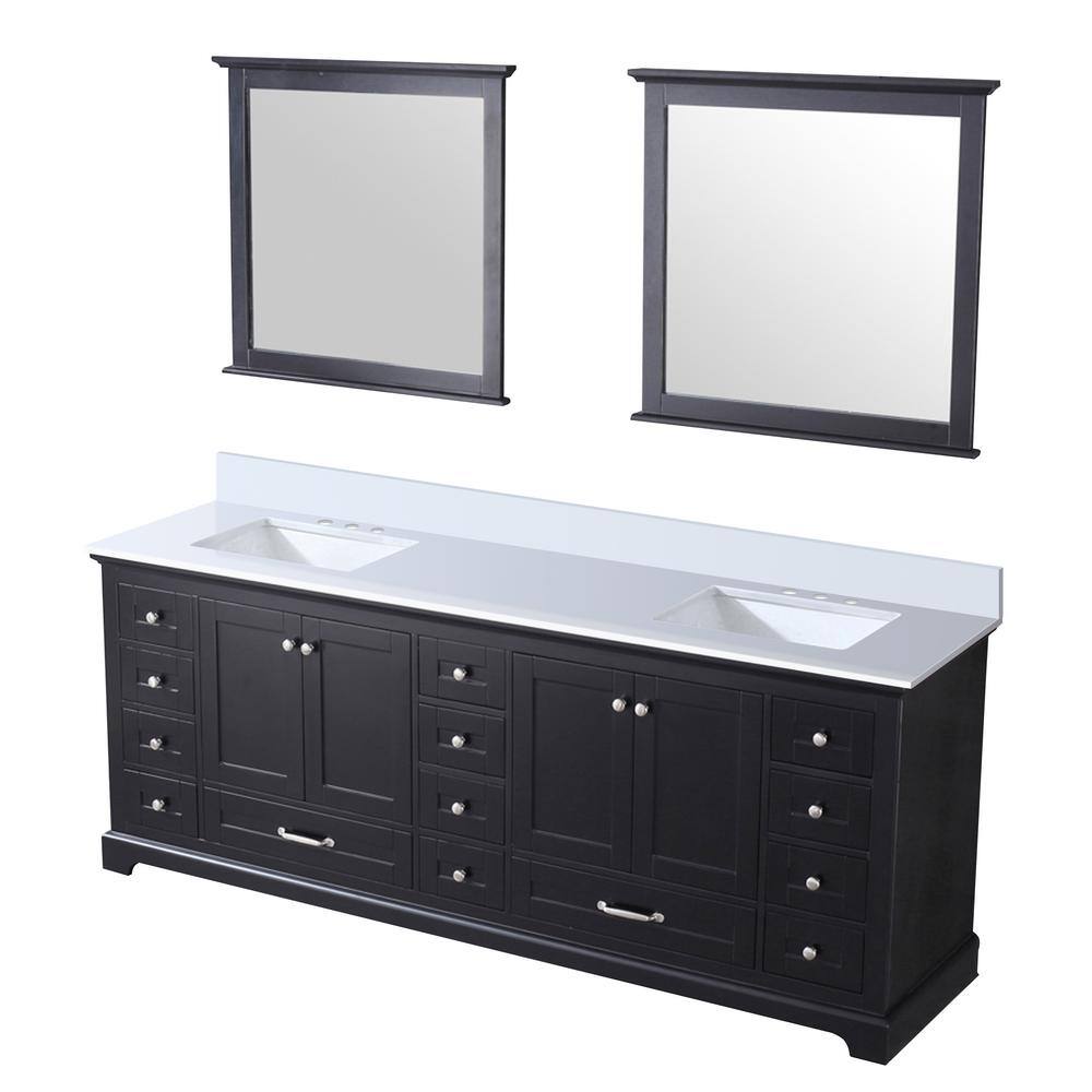 Lexora Dukes 84 in. W x 22 in. D Espresso Double Bath Vanity White Quartz Top and 34 in. Mirrors LD342284DGWQM34