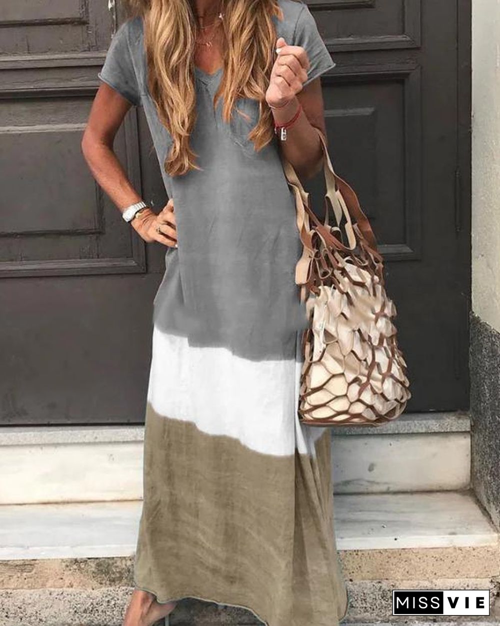 V Neck Casual Short Sleeve Maxi Dresses