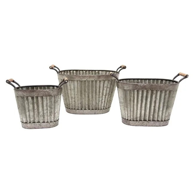 Galvanized Metal Flowers Planter Natural Colour Farmhouse Rustic Style Tub Planter Garden Pots   Planters For Garden Supplies