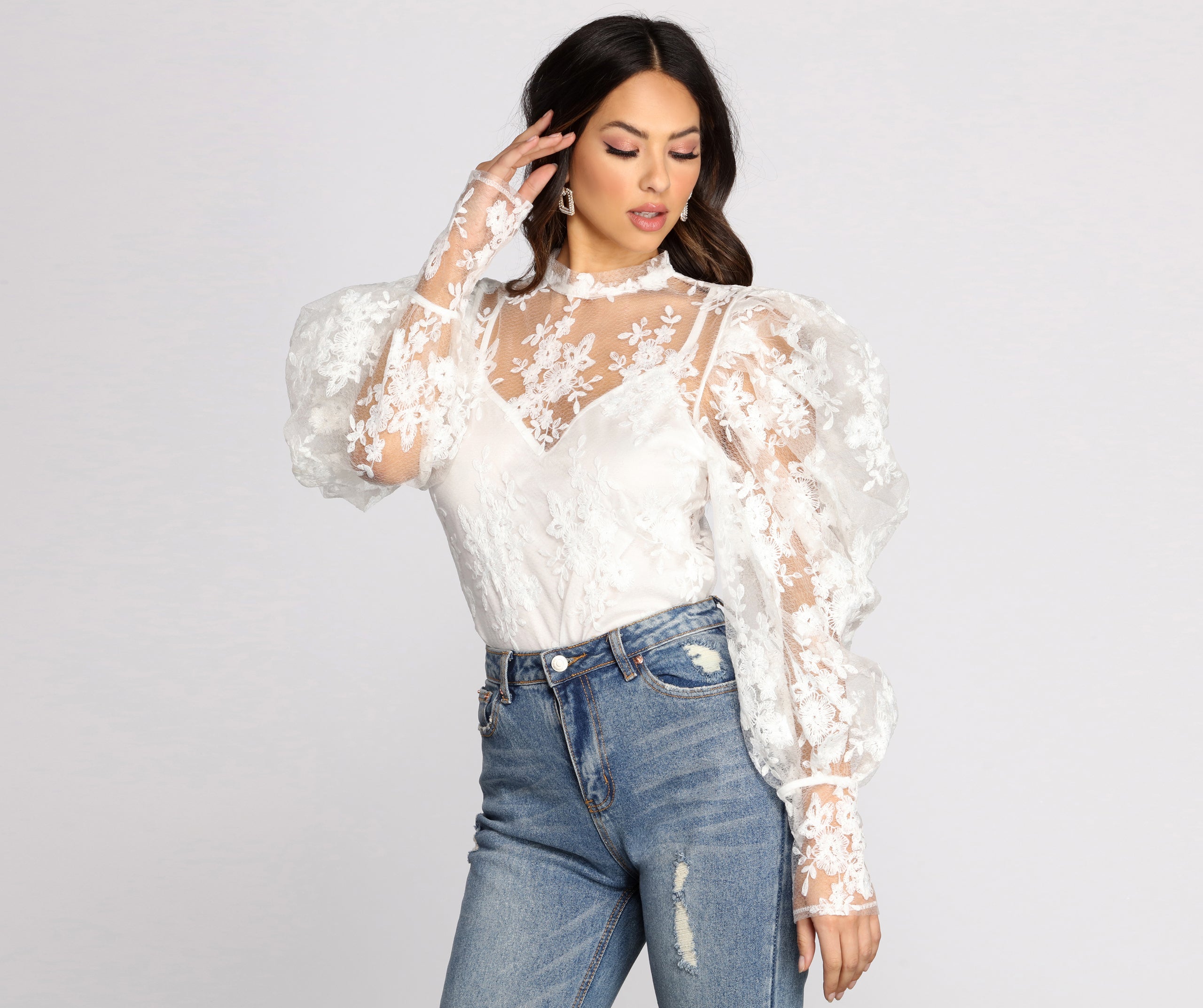 Power Shoulders Puff Embroidered Top