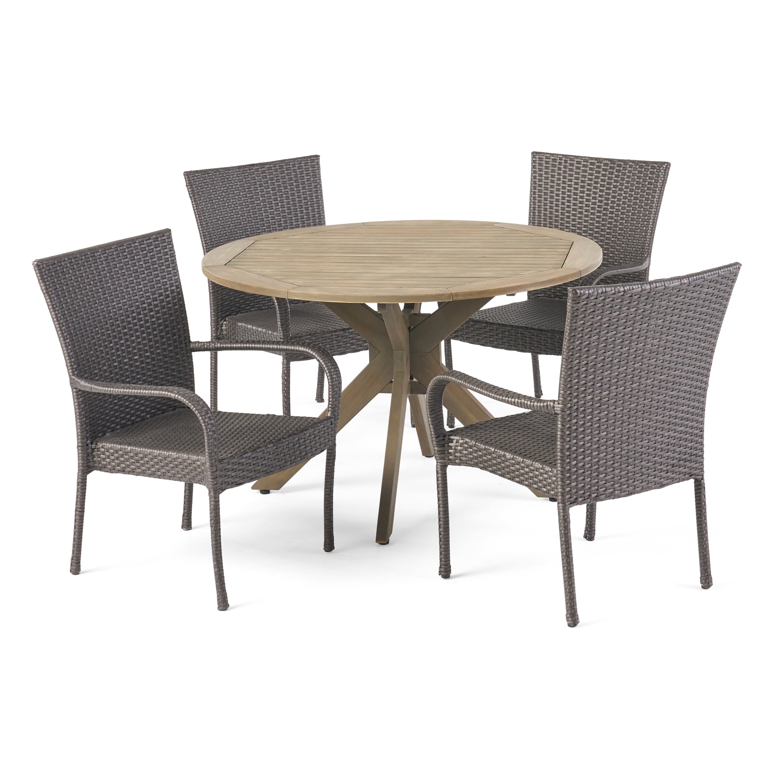 Murrary Outdoor 5 Piece Wood and Wicker Dining Set, Gray and Gray