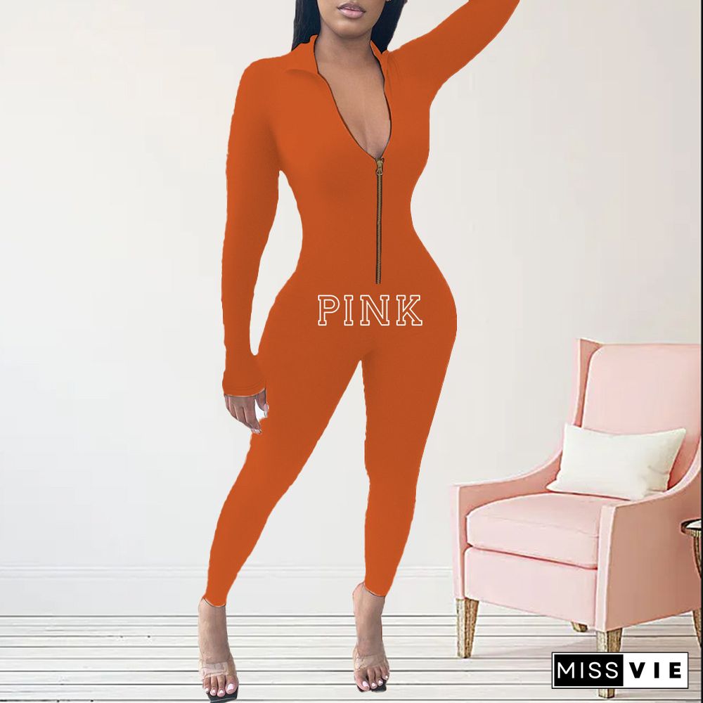 Fitness Long Sleeve Zipper Bodycon One Piece Jumpsuit