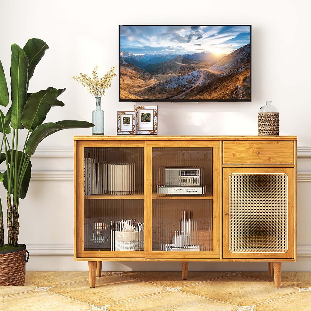 Costway Buffet Sideboard Cabinet Rattan Console Table with Sliding   See Details