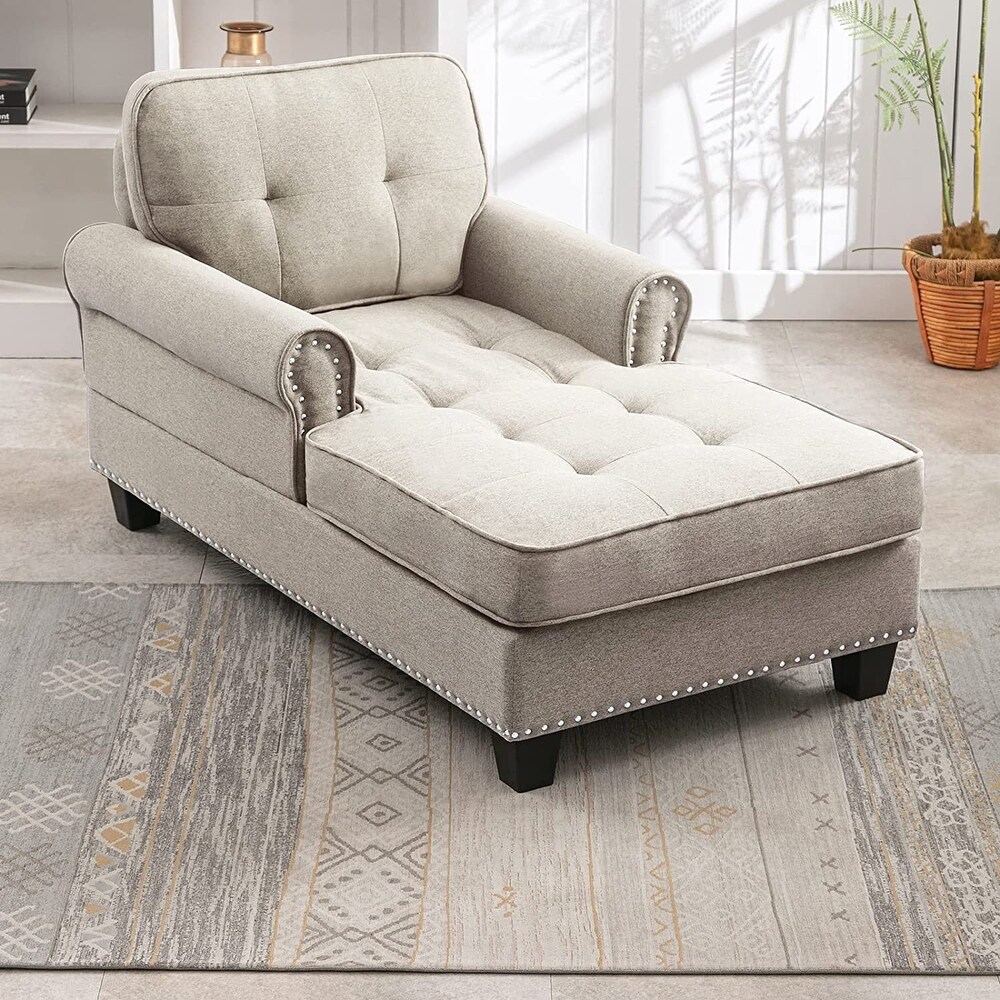 Mixoy Tufted Linen Chaise Lounge Chair with Armrests  Modern Mid Century Chaise Lounge Sofa Couch  Rivet Sleeper Sofa Chair