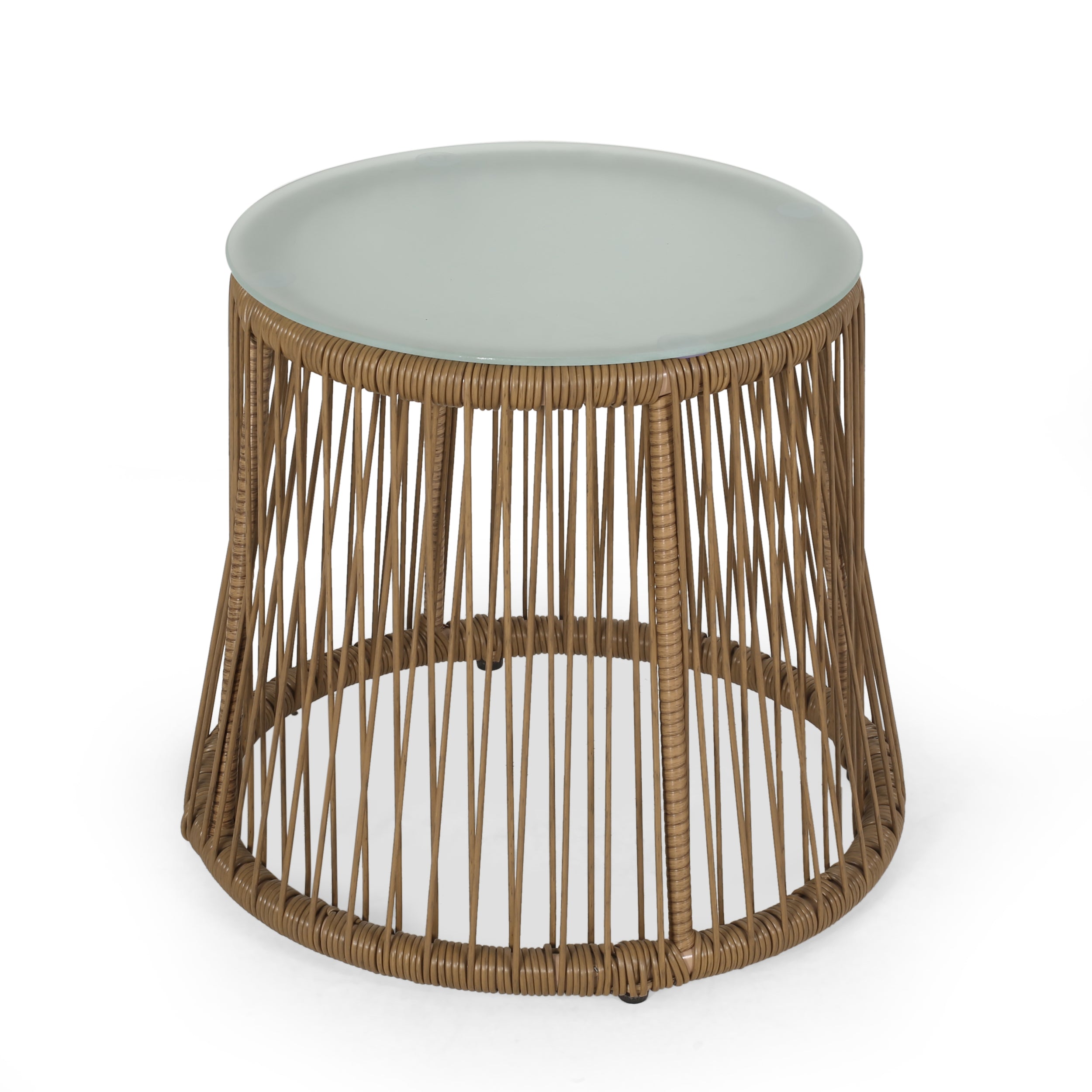 Helmville Outdoor Wicker Side Table with Glass Top, Light Brown