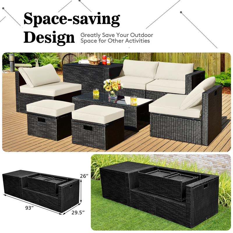 8 Pcs Rattan Wicker Outdoor Patio Furniture Sectional Sofa Set with Storage Box & Waterproof Cover