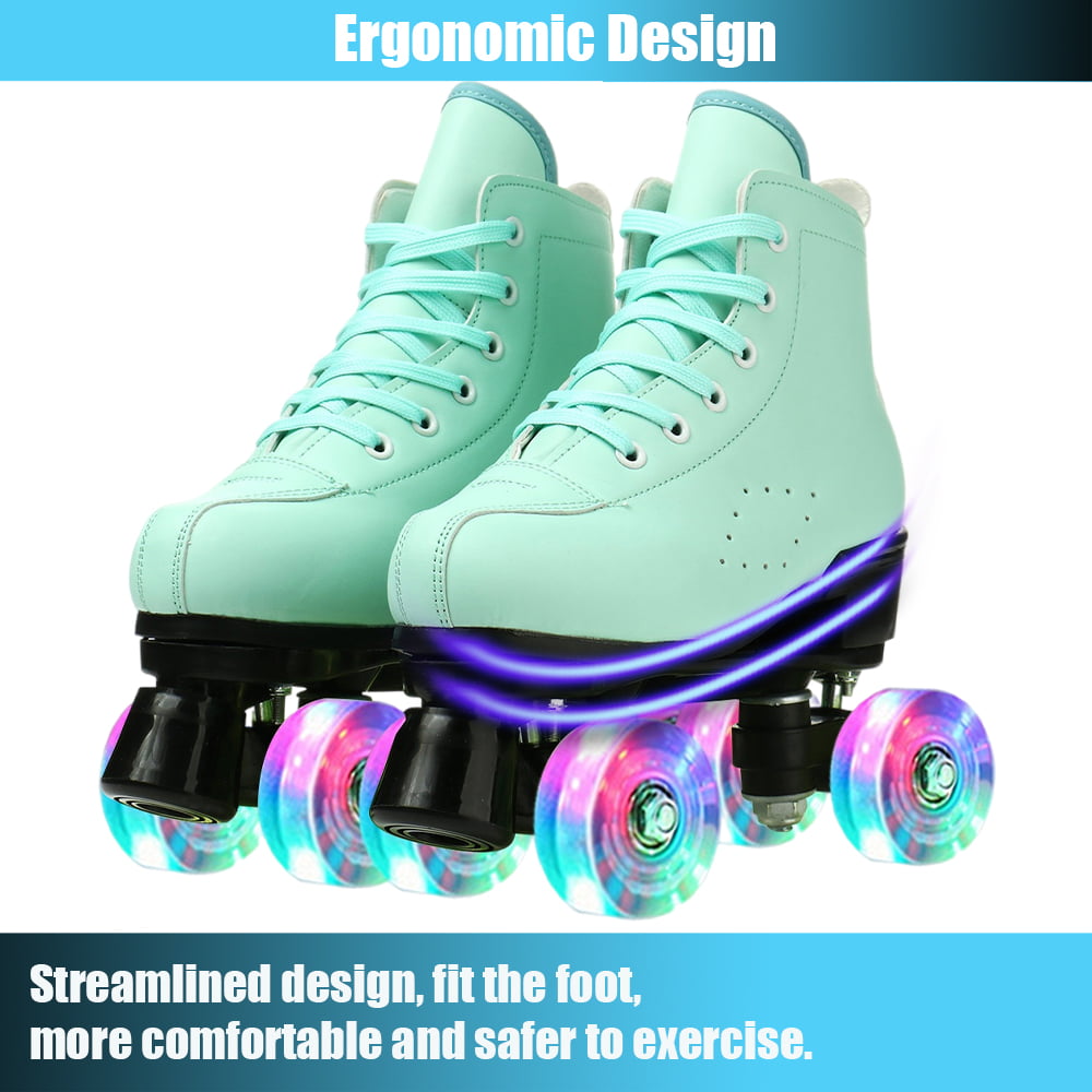 Classic Roller Skates for Women Cozy High-top Skates Indoor Outdoor Beginner Solid Color Roller Skates Shiny Wheels Skates， Green， 7