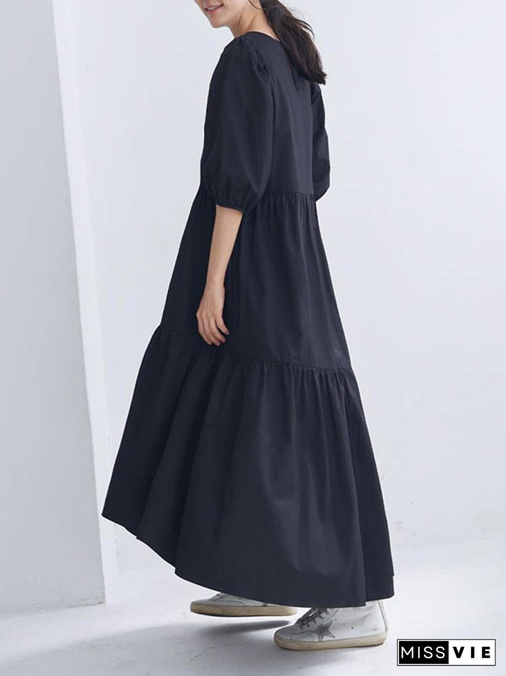 Half Sleeves Puff Sleeves Breathable See-Through Solid Color Round-Neck Midi Dresses