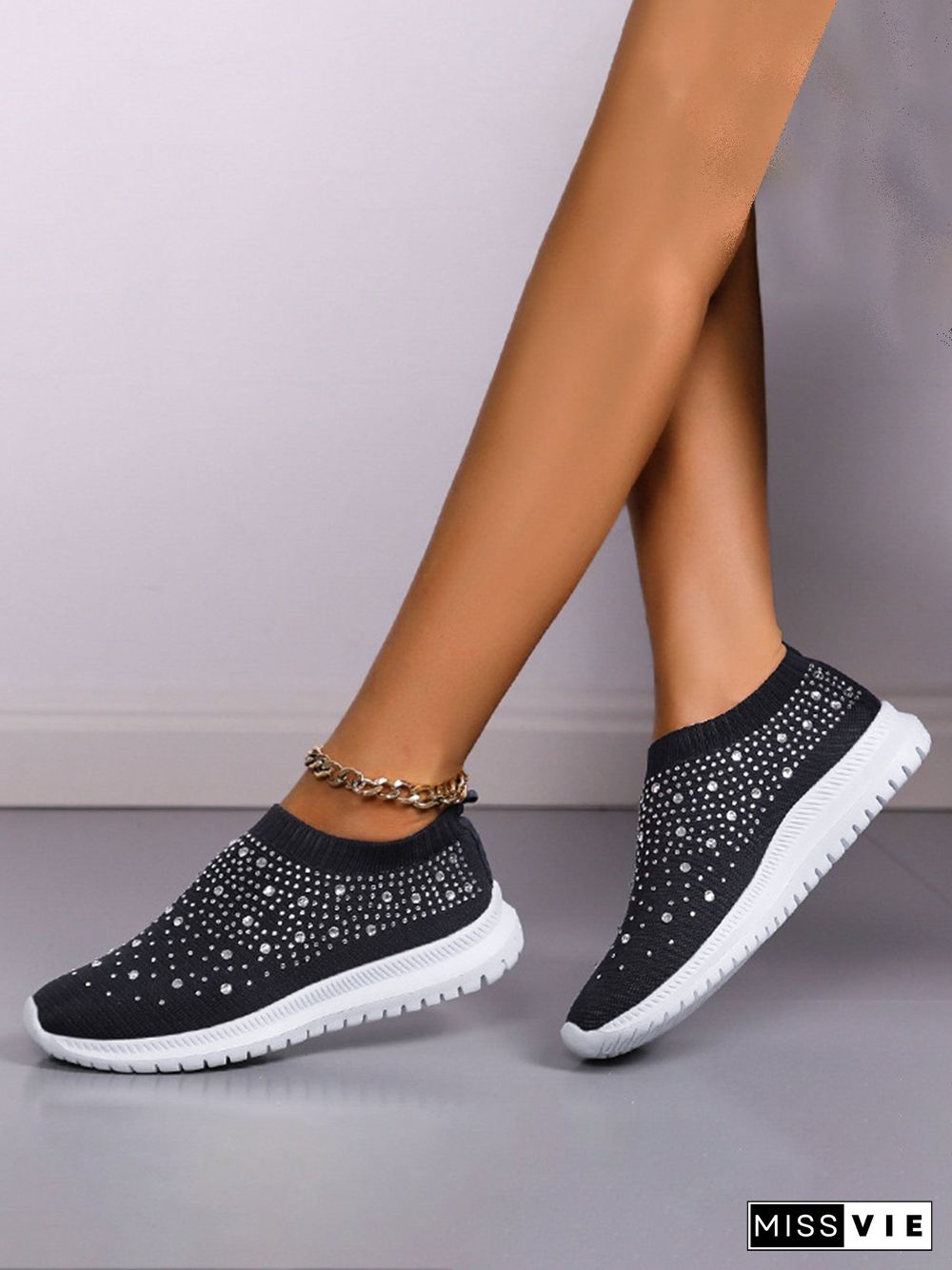 Rhinestone Design Portable Overfoot Lightweight Flyknit Sneakers