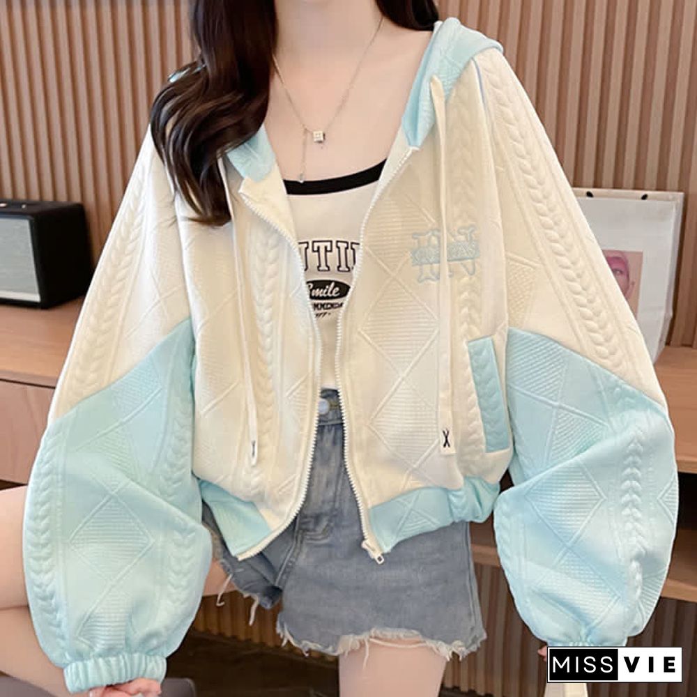 Letter Embroidery Colorblock Short Zipper Hooded Sweatshirt