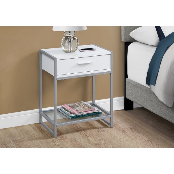 Monarch 3503 White Silver Metal 22nch Accent Table With Tempered Glass