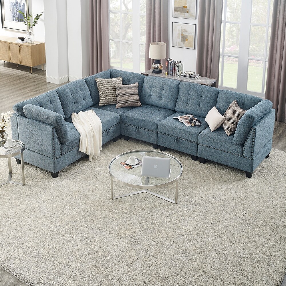 Navy Chenille Spacious 6 Piece Modular Sectional Sofa with Copper Nail Inlay