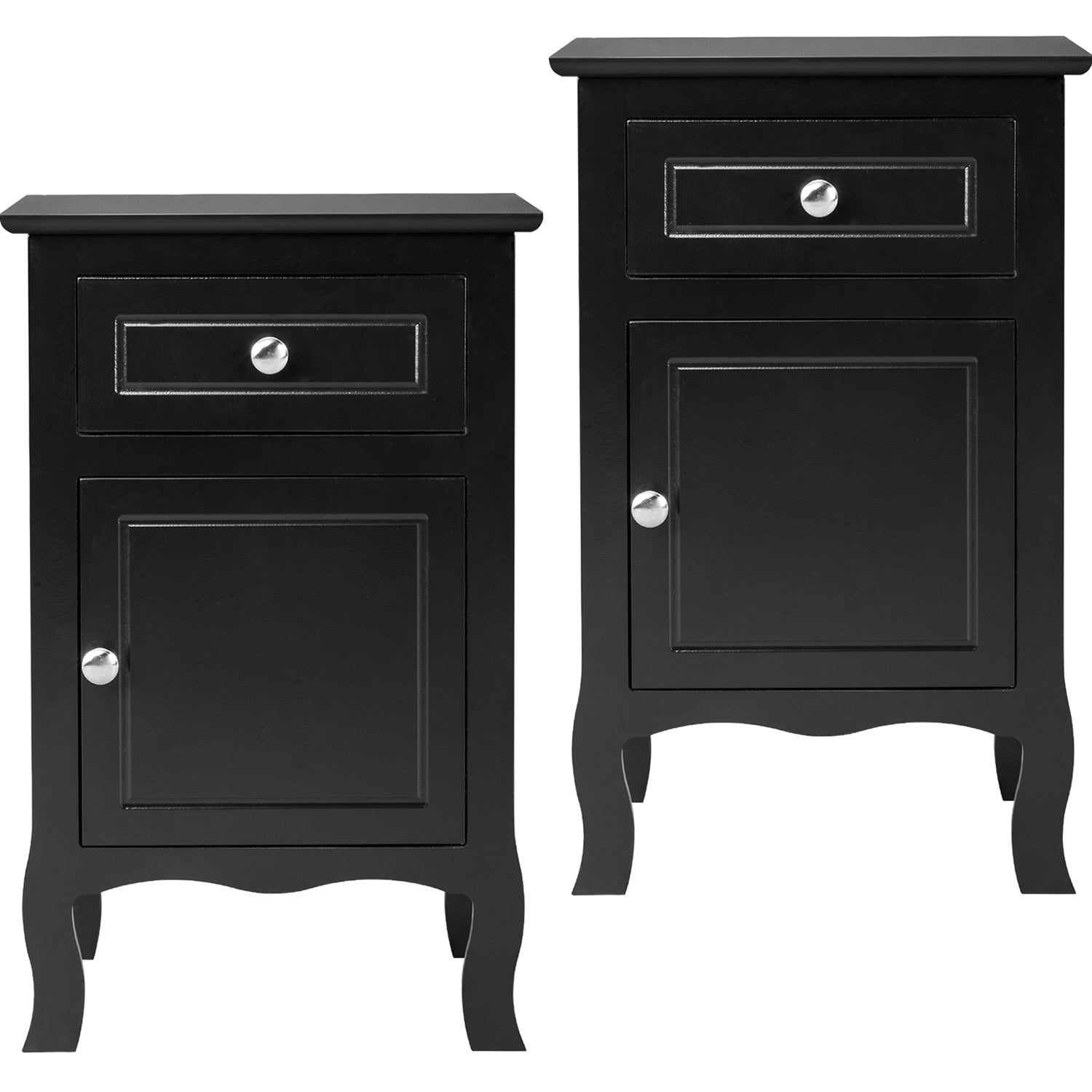 Set of 2 Nightstand Bedroom Bedside Table with Drawer and Cabinet Storage, Country Style Night End Table with Mental Handle, Suitable for Living Room Bedroom, Black