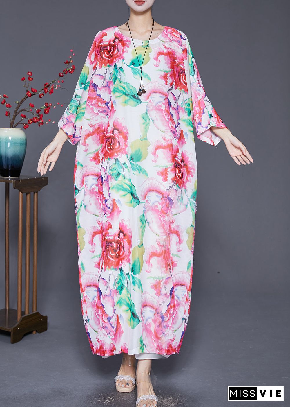 Plus Size Pink Oversized Floral Print Cotton Dress Batwing Sleeve