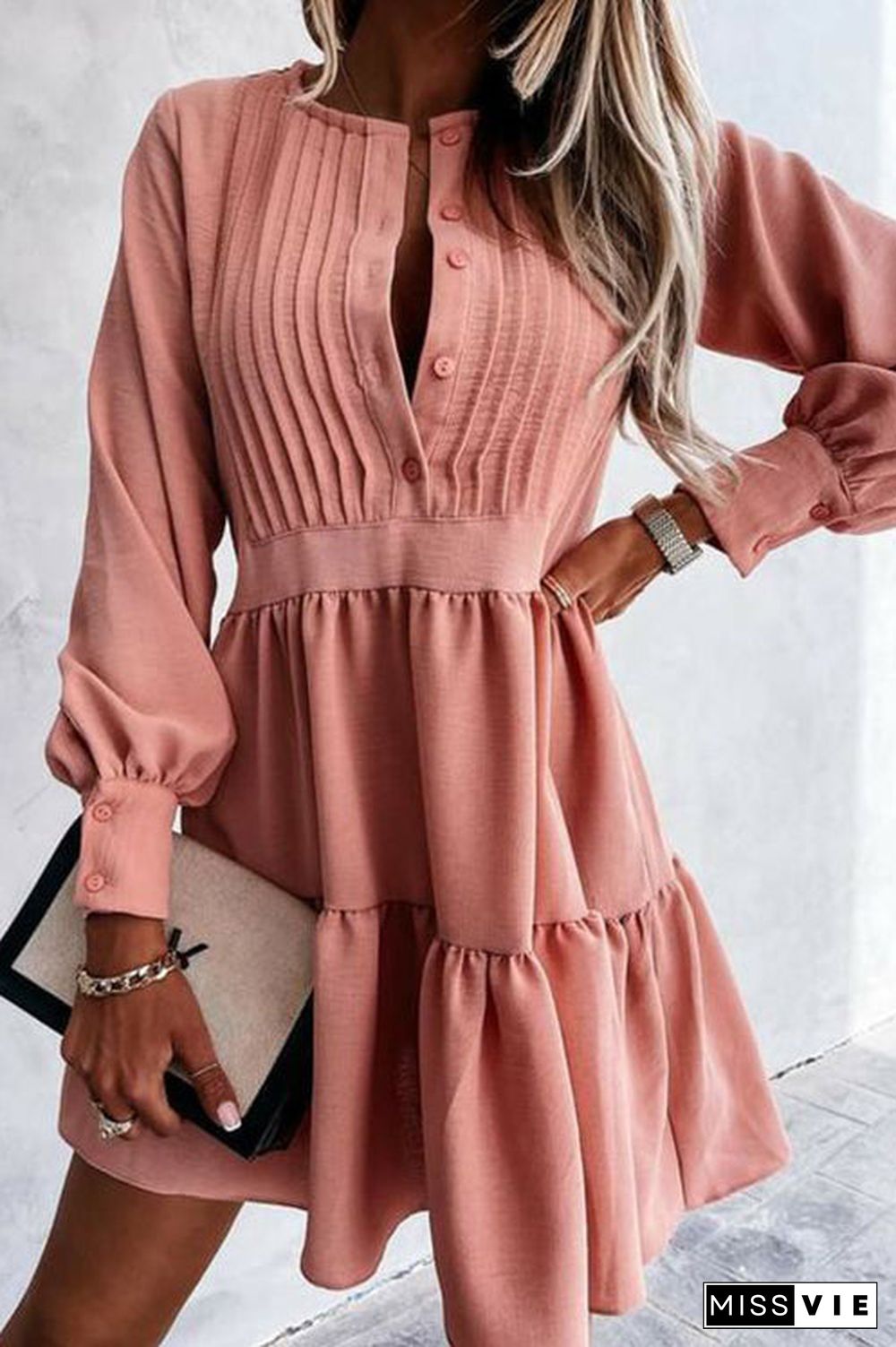 Button Layered Long Sleeve Mini Dress