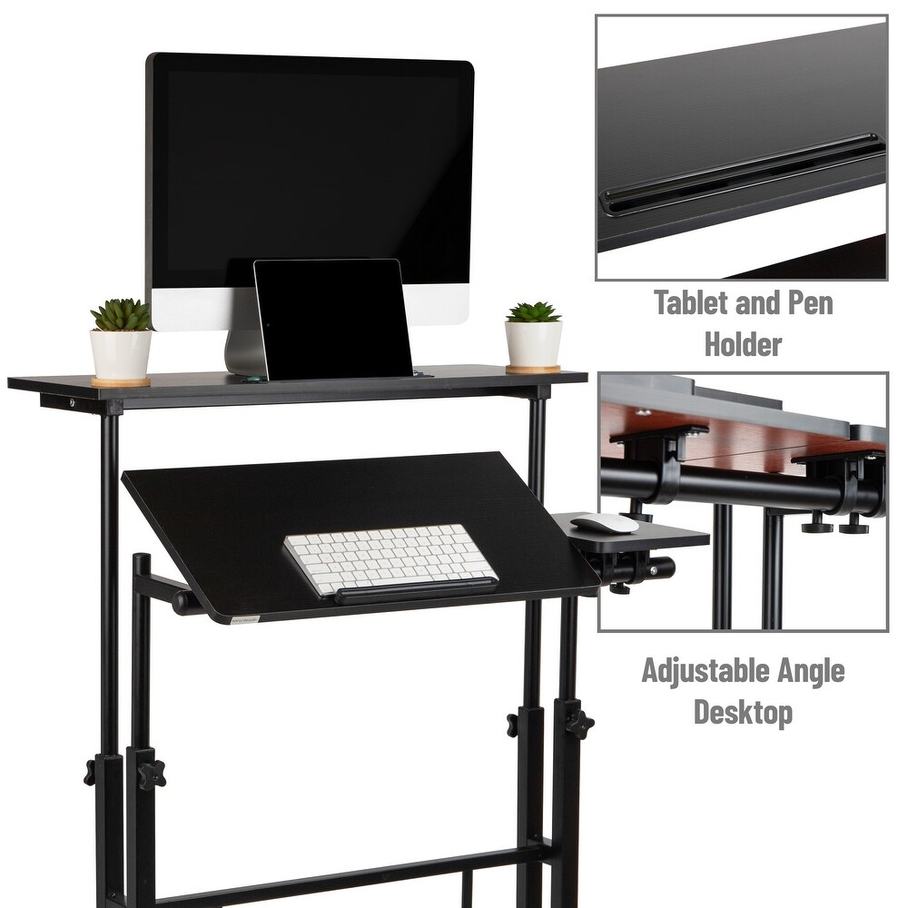 Mind Reader Woodland Collection  Mobile Sit/Stand Desk  Height Adjustable  Tiltable  Lockable Casters