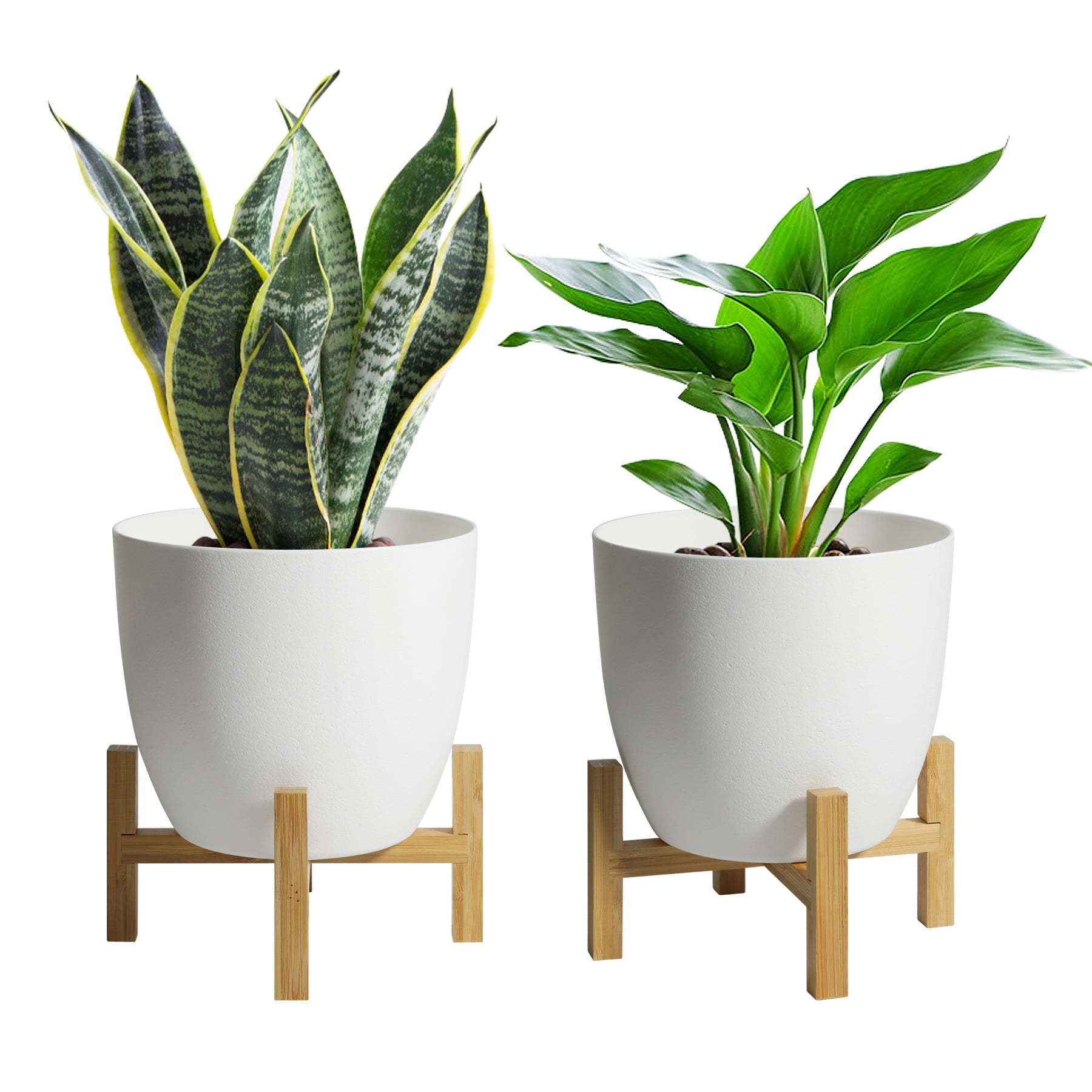 T4U 7 inches White Self Watering Planters, Plastic Plant Pots with Bamboo Stand for Modern Decoration, Set of 2