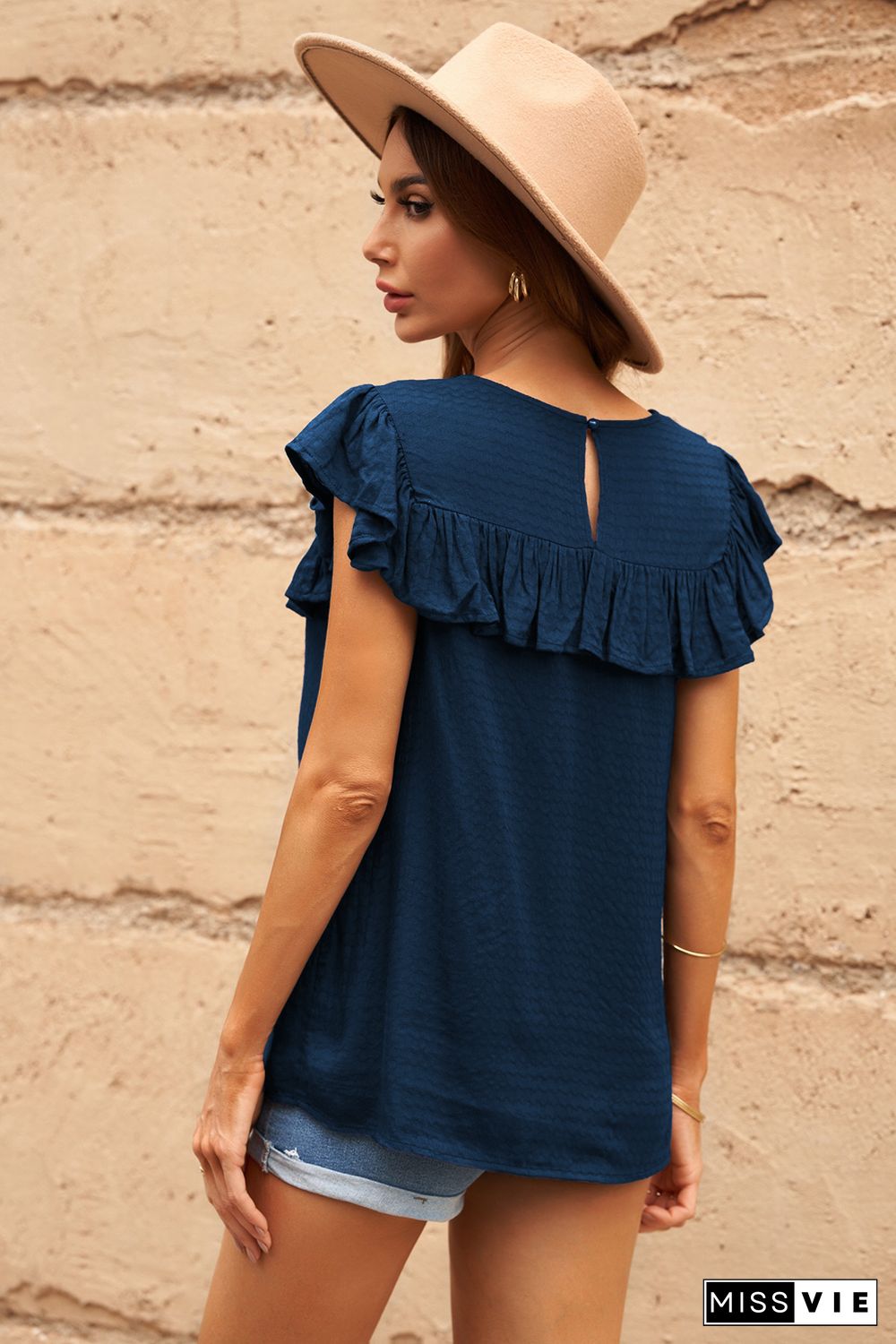 Navy Lace Splicing Ruffled Short Sleeve T-shirt