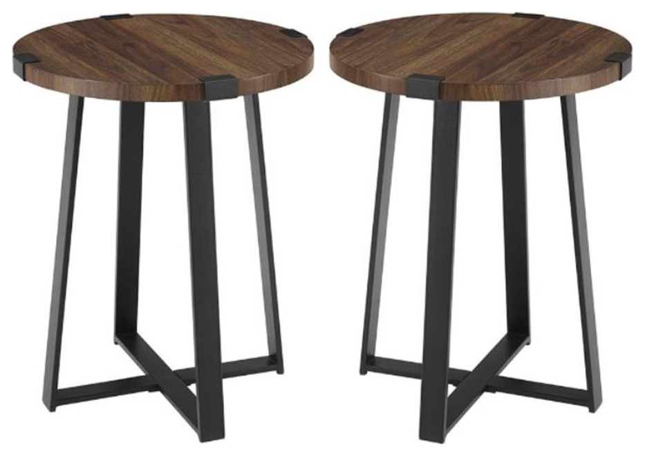 Home Square 18 quotMetal Wrap Round Side Table in Dark Walnut   Set of 2   Industrial   Side Tables And End Tables   by Homesquare  Houzz