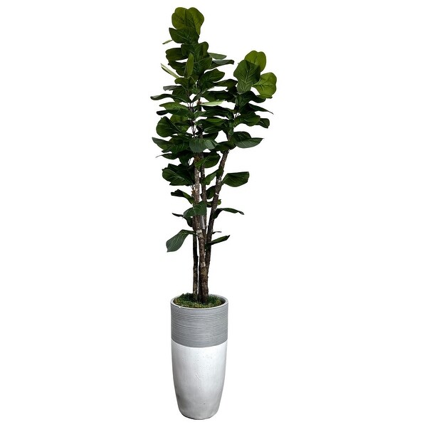 Handmade 7' Artificial Fig Tree Deluxe in Elegant Grey and White Fiberglass Planter