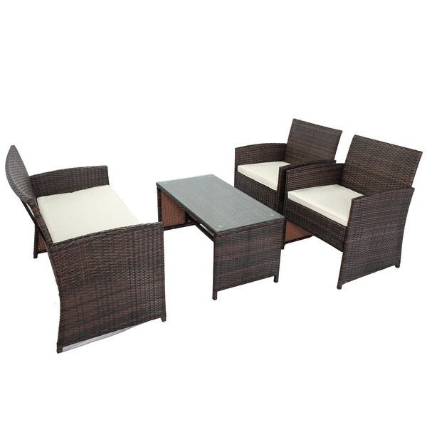 4 PCS Wicker Patio Conversation Set Sofas Glass Coffee Table - Overstock - 37372359