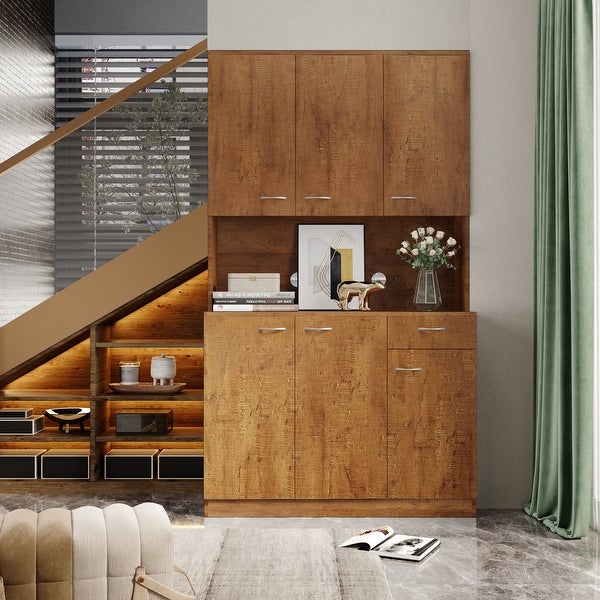 Modern Tall Wardrobe with 6-Doors， 1-Open Shelves and 1-Drawer - - 36805924