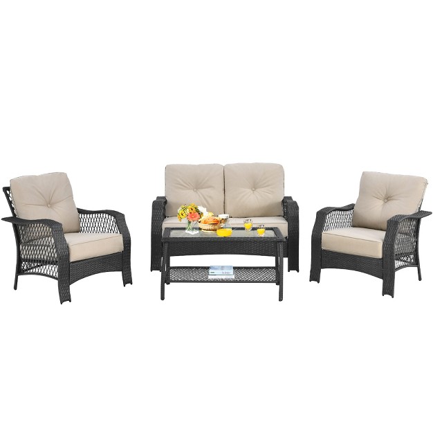 Costway 4pcs Patio Wicker Furniture Set Loveseat Sofa Coffee Table W Cushion