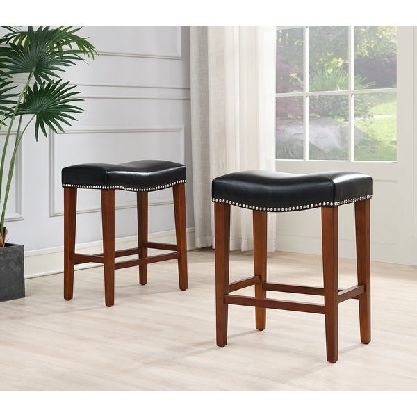 Counter Height Leather Bar Stools Set of 2 for Counter Backless Modern Barstools Upholstered Chairs with Rubber Wood Legs