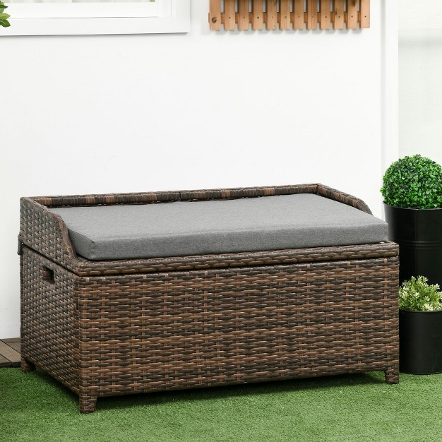 Outsunny Storage Bench Rattan Wicker Garden Deck Box Bin With Interior Waterproof Bag And Comfy Cushion Gray