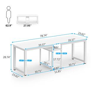 TRIBESIGNS WAY TO ORIGIN Halseey 78 in. Rectangular White Wood Computer Desk Two Person Writing Desk with Metal Frame and Storage Shelves HD-ZK10003