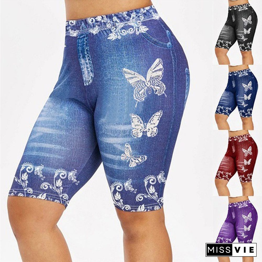 Women's Fashion 3D Butterfly Floral Print Denim Shorts Leggings Plus Size Jeggings Shorts Leggings