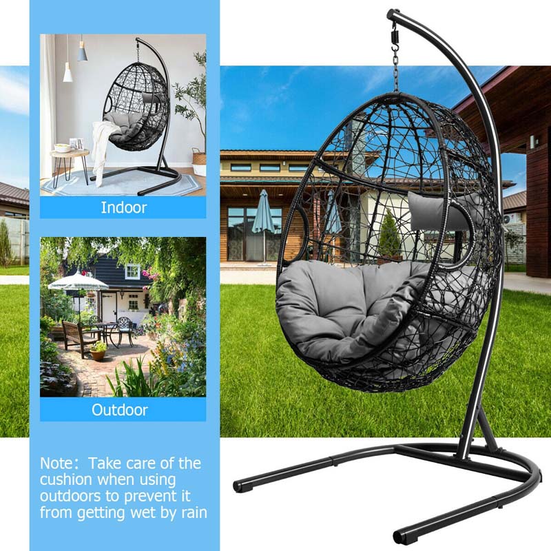 Outdoor Indoor Hanging Egg Chair Hammock Swing Chair with C Hammock Stand Set, Soft Seat Cushion & Pillow